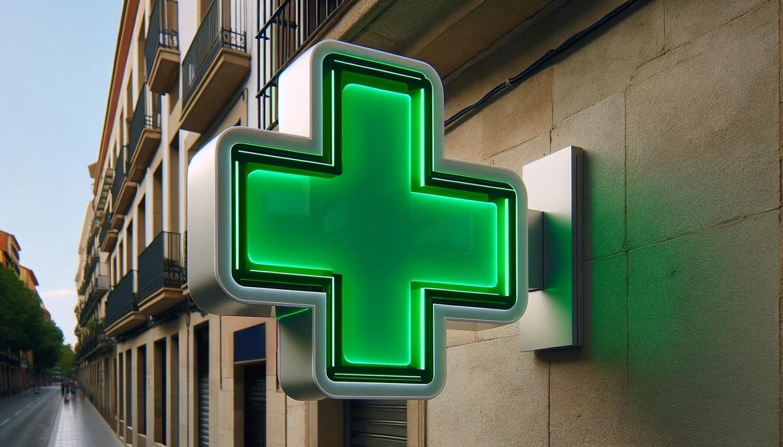 Cruz verde como rótulo de una farmacia española