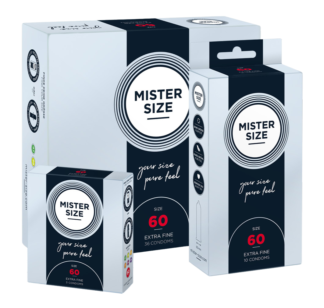 Tres paquetes diferentes de preservativos Mister Size de tamaño 60